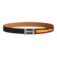 HERMES Sterling Silver Leather Belts Men's Black Width: 3.2CM