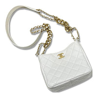CHANEL Leather Hobo Bag Shoulder Bag Crossbody Bag Small Size Women's White
