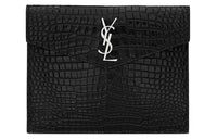 SAINT LAURENT UPTOWN Crocodile Pattern Leather Clutch Women's Black