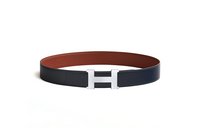 HERMES H-Shaped Design Smooth Buckle Leather Belts Men's Blue/Brown Width: 3.8CM