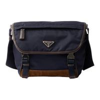 PRADA Recycled Nylon Shoulder Bag Trumpets Men's Blue & Coffee