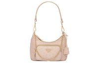 PRADA Recycled Nylon Ostrich Leather Handbag Shoulder Bag Women's Light Camel