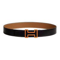 HERMES Calfskin Leather Belts Men's Black/Orange Width: 3.8CM