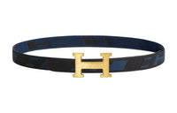 HERMES Individual Gold Buckle Double-Sided Nylon Mesh Belt Leather Belts Men's Black/Blue Width: 3.2cm