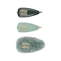 MIU MIU Leather Wool Hardware Accessories Hair Clips Women's Green