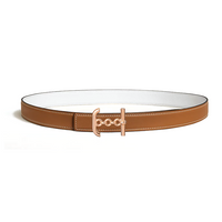 HERMES Calfskin Rose Gold-Plated Leather Belts Women's Brown/White Width 2.4CM