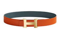 HERMES Double-Sided Gold Buckle Epsom Calfskin Double-Sided Leather Belt Men's Orange/Blue Width: 3.8cm
