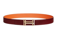 HERMES Double H Buckle Smooth Buckle Leather Belts Men's Red/Orange Width: 3.2cm