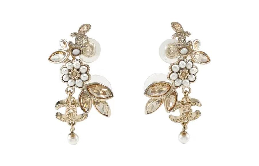 CHANEL Faux Pearl Crystal Earrings Women's Gold