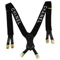 CHANEL Logo Print Canvas Suspenders Women's Black