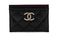 CHANEL Embossed Shiny Litchi Calfskin Card Holder Small Size Women's Black