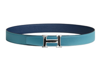 HERMES H-Shaped Buckle Smooth Buckle Leather Belts Men's Blue Width: 3.2cm