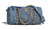 CHANEL Printed Denim Bowling Bag Handbag Shoulder Bag Crossbody Bag Women's Blue/White/Gray