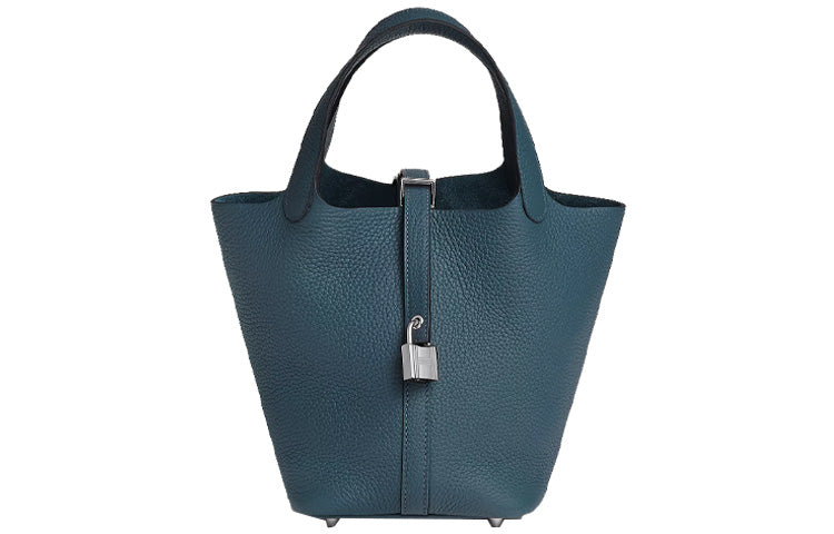 HERMES Picotin Clemence Bullock Leather Basket Bag Handbag Bucket Bag Regular Women's 7P Bleu De Prusse Prussian Blue