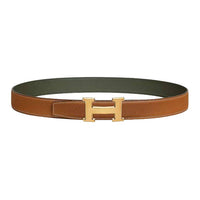HERMES Brushed Gold Plating Leather Belts Unisex Gray Green/Brown Width: 3.2cm