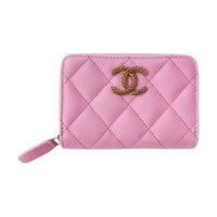 CHANEL Leather Card Holder Wallet Women's Pink