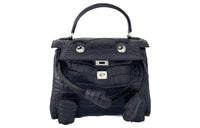 HERMES Kelly Doll Matte Crocodile Leather Swift Leather Handbag Regular Women's Black/Indigo