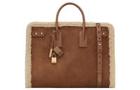 SAINT LAURENT SAC DE JOUR Shearling Patchwork Suede Patchwork Calfskin Handbag Large Size Men's Beige/Brown