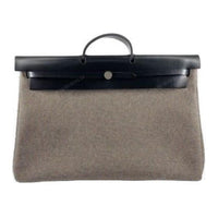 HERMES Herbag Zip Officier Canvas With Hunter Cow Leather Handbag Unisex Black & Gray