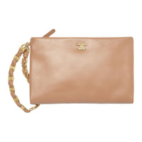 CHANEL Sheepskin Clutch Women's Camel