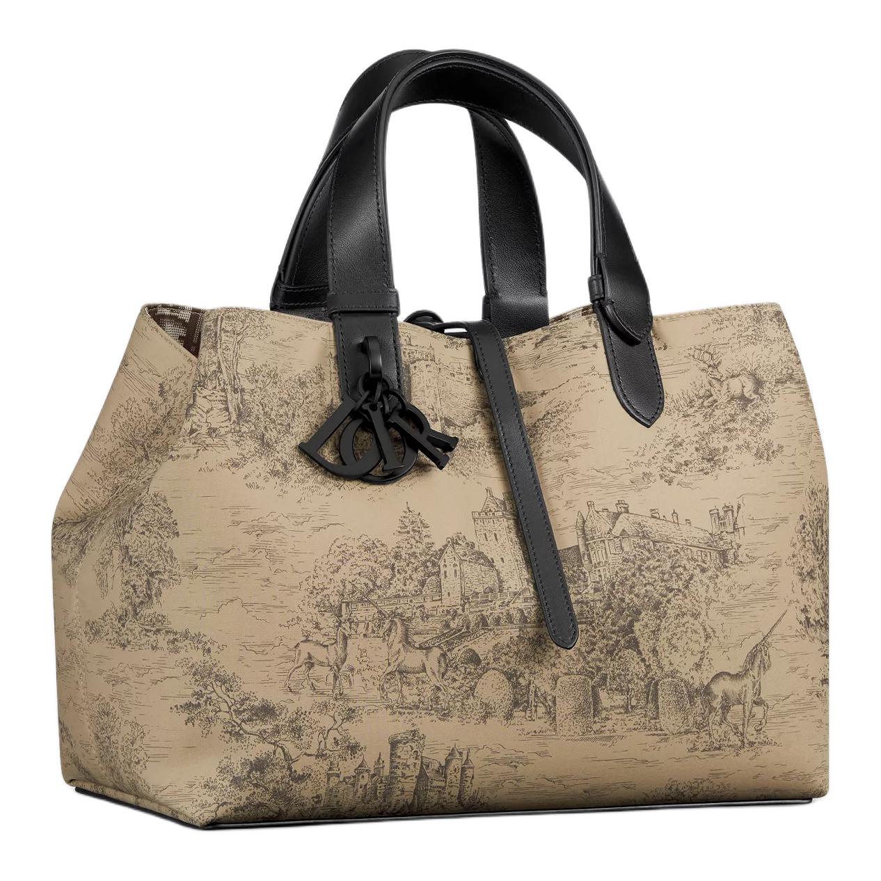 DIOR Toujours Cotton With Calfskin Tote Bag, Shopping Bag, Indigenous Bag, Handbag Medium Size Women's Beige & Black
