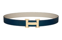 HERMES Letter Gold Buckle Togo Calfskin Double-Sided Leather Belt Women's Blue Width: 3.2cm