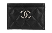 CHANEL Embossed Cow Leather Coin Purse Wallets Card Holders Women's Black