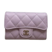 CHANEL Litchi Cow Leather Card Holder Women's Pink Purple