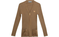 PRADA Enamel-Triangle Zipped Ribbed Cardigan