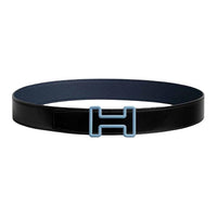 HERMES Calfskin Leather Belts Men's Black Blue Width: 3.8CM