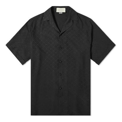 Gucci Tonal Vacation Checked Printed Silk Short Sleeve Shirt For Men Black 623156-ZADWP-1000