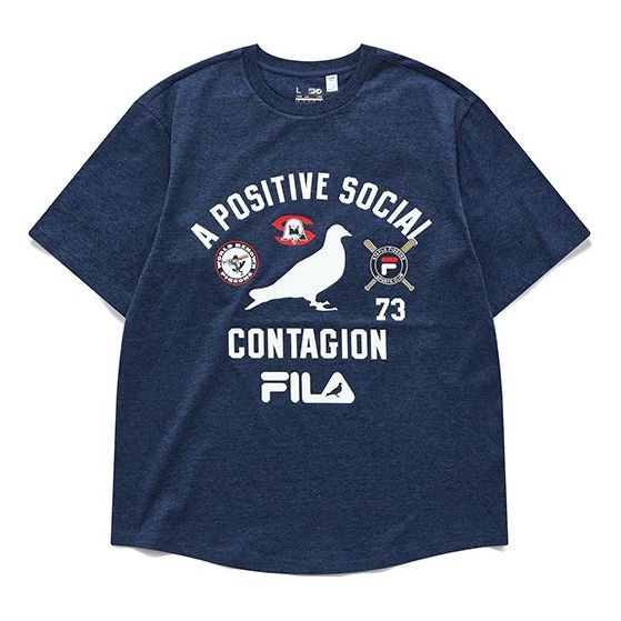 Men's FILA FUSION x staple Crossover Baseball Pattern Printing Loose Sports Short Sleeve Deep Blue Gray T-Shirt T11M134108F-DB