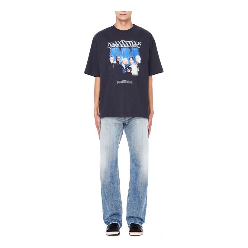Men's Balenciaga Speed Hunters Black Blue Band Short Sleeve Gray 541875TCV381055