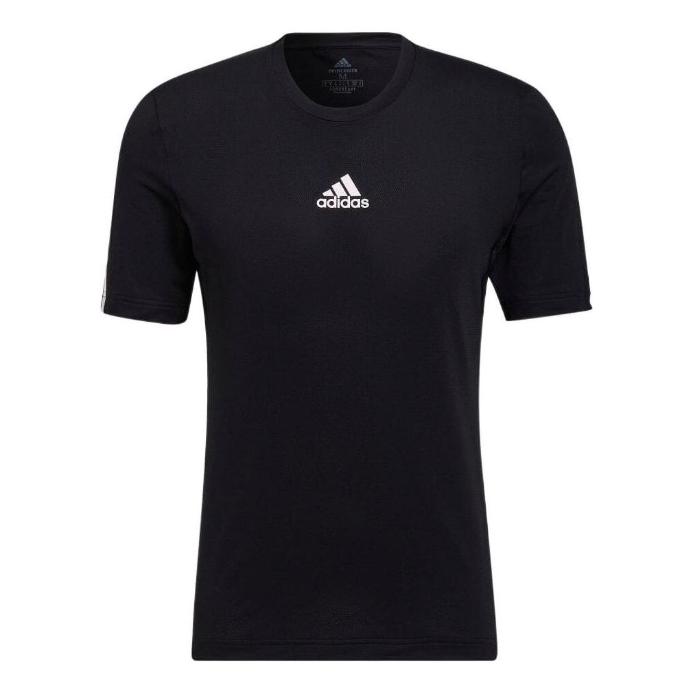 Men's adidas Stripe Logo Printing Round Neck Pullover Short Sleeve Japanese Version Black T-Shirt HC4440