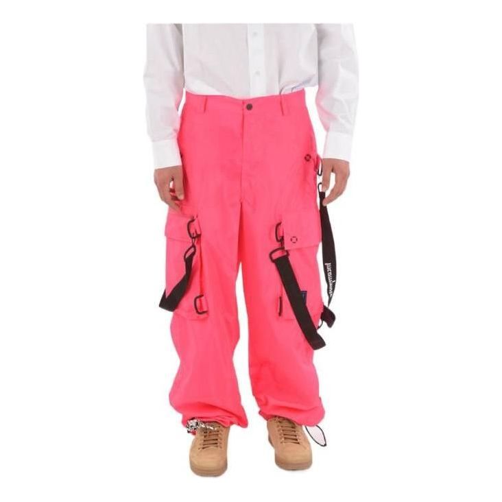 Men's Off-White Solid Color Cargo Pocket Casual Long Pants/Trousers Loose Fit Pink Red OMCF009E19E150222810