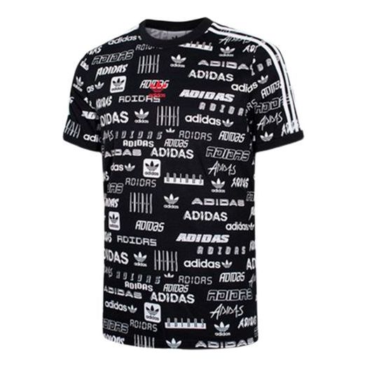 Men's adidas originals Sticl-aopt Logo Full Print Round Neck Pullover Sports Short Sleeve Black T-Shirt GK9708