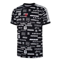 Men's adidas originals Sticl-aopt Logo Full Print Round Neck Pullover Sports Short Sleeve Black T-Shirt GK9708