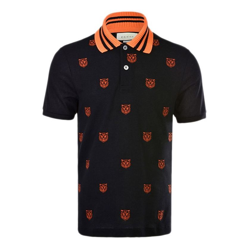 Men's Gucci SS21 Tiger Head Embroidered Stripe Short Sleeve Black Polo Shirt 475118-X5T75-4437