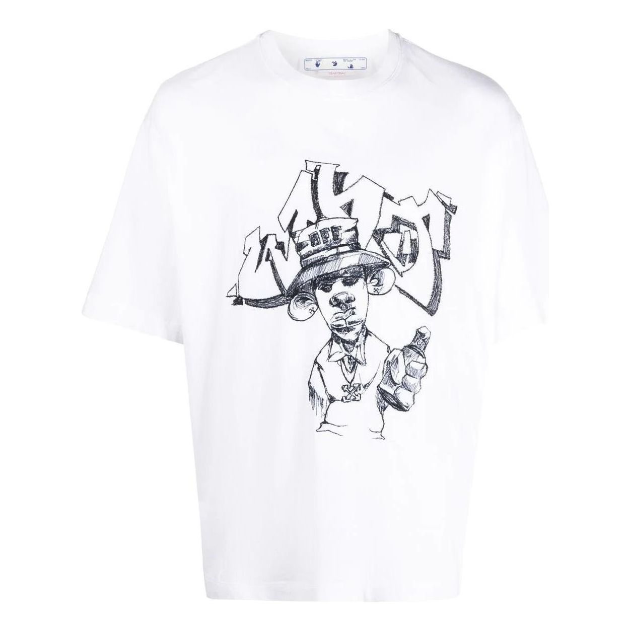 Men's Off-White FW22 Cartoon Printing Round Neck Short Sleeve Loose Fit White T-Shirt OMAA120F22JER0100110