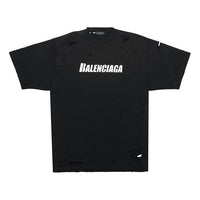Men's Balenciaga SS21 Alphabet Printing Pattern Hole Round Neck Short Sleeve Black 651795TKVB81070