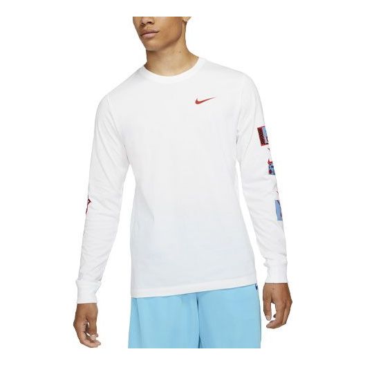 Men's Nike Basketball Sports Printing Round Neck Long Sleeves White T-Shirt DJ1585-100