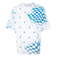 Men's Off-White FW22 Plaid Logo Printing Round Neck Short Sleeve Loose Fit Blue T-Shirt OMAA119G21JER0020145