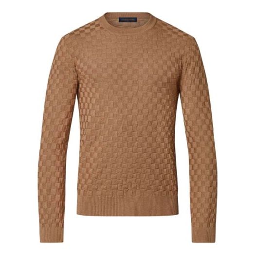 Men's LOUIS VUITTON FW21 Iconic Grid Round Neck Long Sleeves Brown T-Shirt 1A9A0L