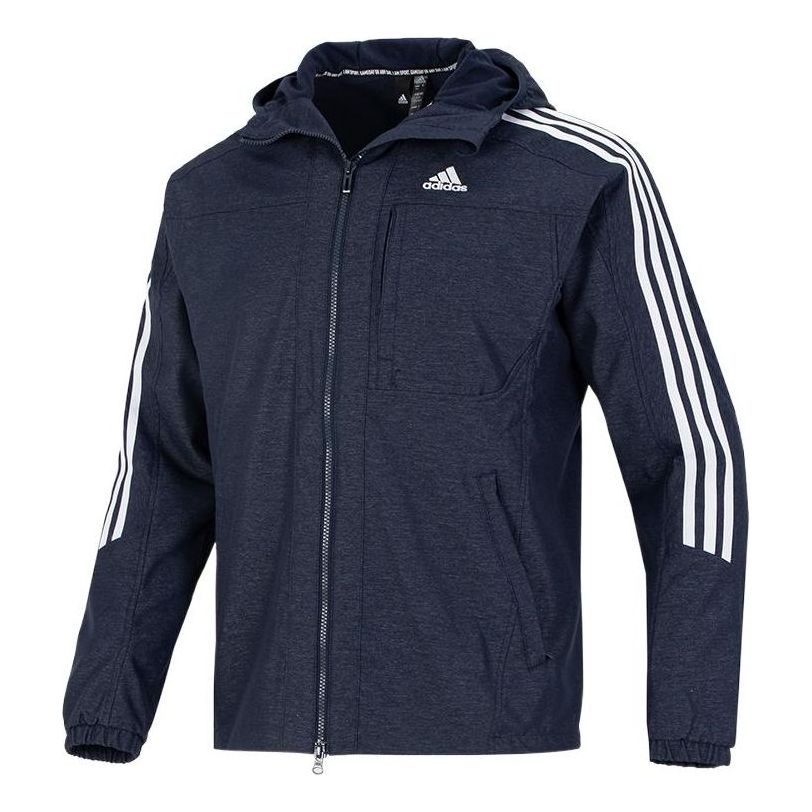 Men's adidas Classic Logo Printing Zipper Hooded Jacket Navy Blue HM2721