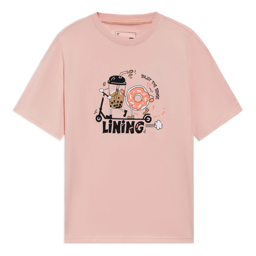 Li-Ning Sports Fashion Series Cartoon Logo Printing Sports Round Neck Short Sleeve Pink T-Shirt AHSS716-3