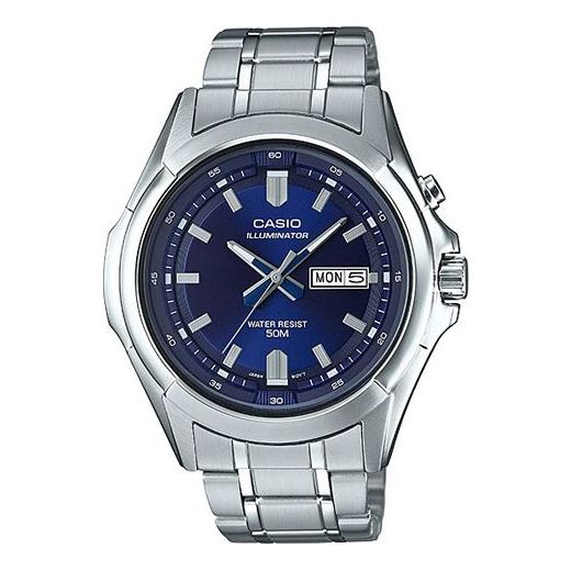 CASIO Waterproof Quartz Date Display Led Lighting Blue Dial 46mm Stainless Steel Strap Watch Silver Analog MTP-E205D-2AVDF