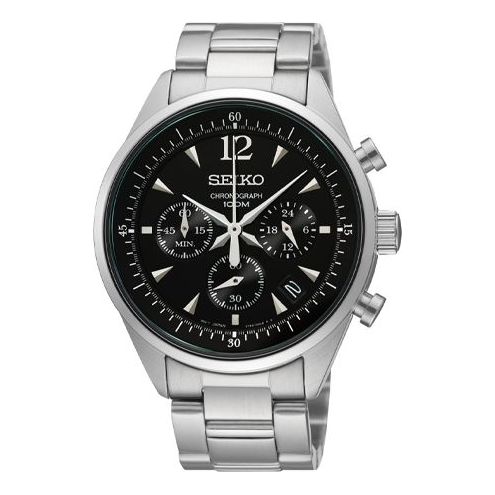 Men's SEIKO Business Casual Sports Quartz Black Dial Silver Strap Watch SSB067J1
