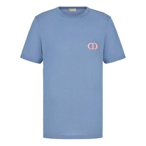 Men's DIOR SS21 Embroidered Logo Pattern Cotton Round Neck Short Sleeve Blue 013J600A0589-C584