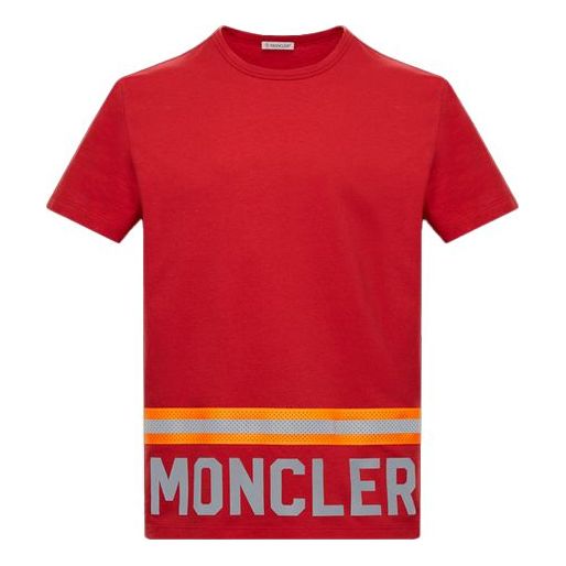 Men's Moncler Stripe Alphabet Logo Printing Short Sleeve Red 0918C739208390T455