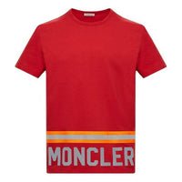 Men's Moncler Stripe Alphabet Logo Printing Short Sleeve Red 0918C739208390T455